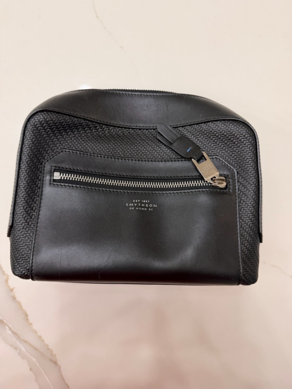Smythson Black Leather Travel Cosmetic Case with Woven Panels
